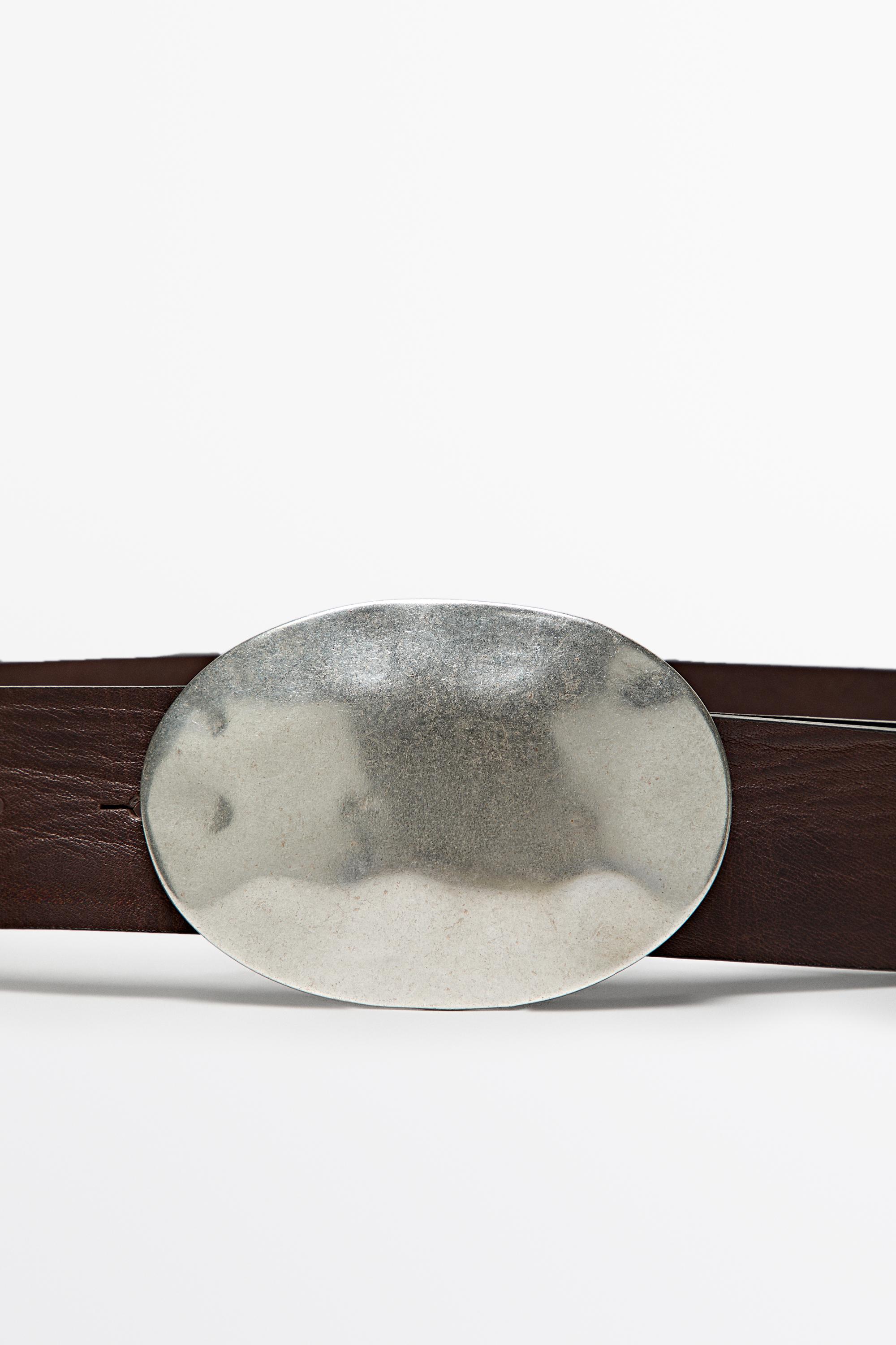 Nappa leather texture belt with oval buckle